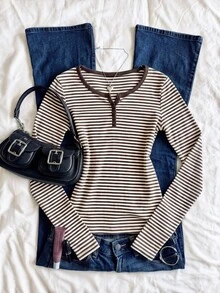 IslaSuriya Women's Button Half-Placket Striped Long Sleeve Casual T-Shirt - Multicolor - View 1
