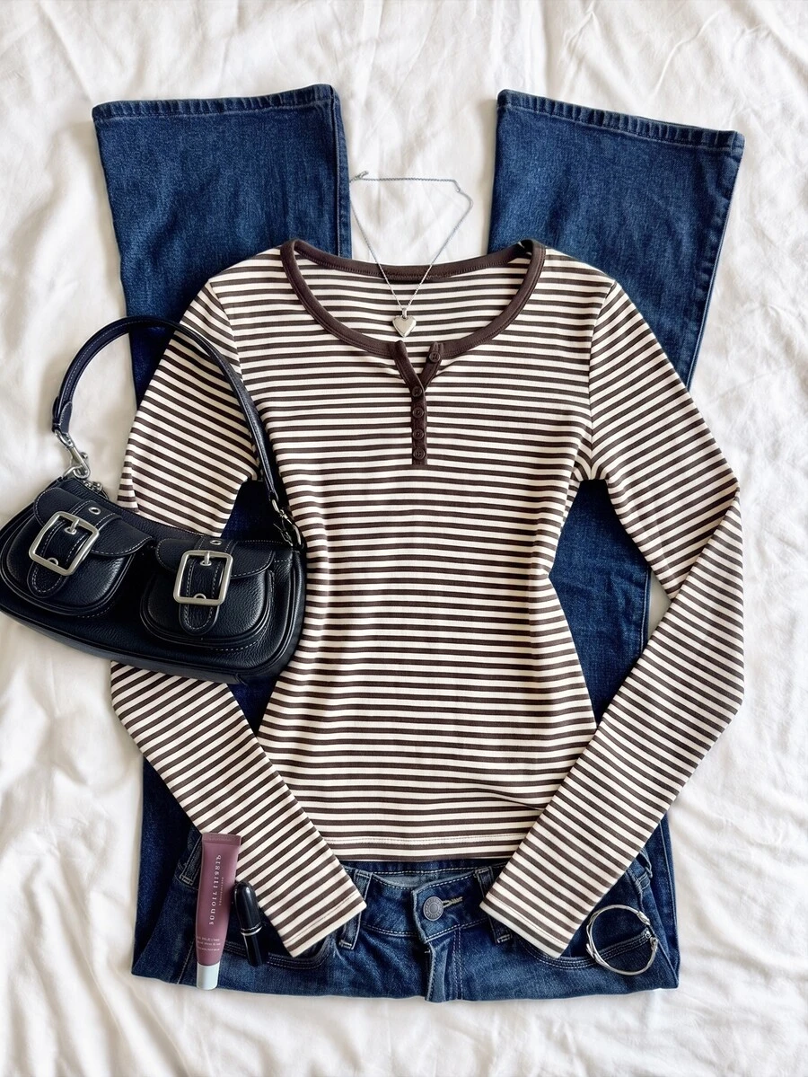 IslaSuriya Women's Button Half-Placket Striped Long Sleeve Casual T-Shirt - Multicolor - View 1
