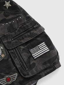 ROMWE Grunge Punk 大尺碼迷彩軍事風工裝口袋復古女款牛仔裙 - 黑色 - 查看 4