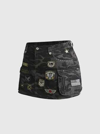 Grunge Punk Falda vaquera vintage de mujer con bolsillos cargo estilo militar camuflaje talla grande