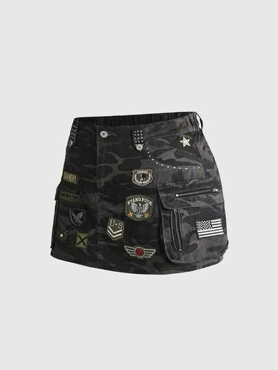 Grunge Punk Falda vaquera vintage de mujer con bolsillos cargo estilo militar camuflaje talla grande