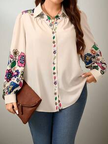 Flouryn Plus Size Front Button Floral Print Long Sleeve Casual Shirt Fall Cloth For Women - Multicolor - View 1