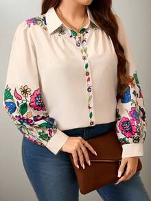 Flouryn Plus Size Front Button Floral Print Long Sleeve Casual Shirt Fall Cloth For Women - Multicolor - View 3