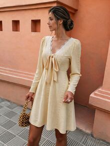 Flora Isola Flora Isola Lace Trim Knot Front A-Line Short Dress - Yellow - View 1
