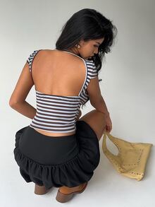 Aloruh Women's Striped Round Neck Cap Sleeve Backless Fitted Casual T-Shirt - Multicolor - View 4