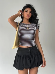 Aloruh Women's Striped Round Neck Cap Sleeve Backless Fitted Casual T-Shirt - Multicolor - View 7