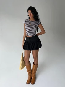 Aloruh Women's Striped Round Neck Cap Sleeve Backless Fitted Casual T-Shirt - Multicolor - View 6