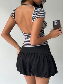 Aloruh Women's Striped Round Neck Cap Sleeve Backless Fitted Casual T-Shirt - Multicolor - View 1