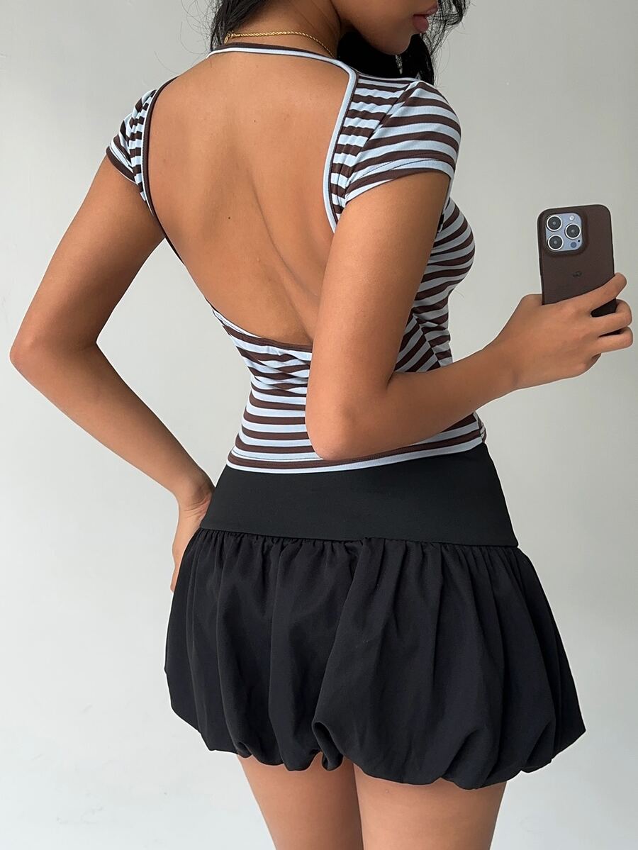 Aloruh Women's Striped Round Neck Cap Sleeve Backless Fitted Casual T-Shirt - Multicolor - View 1