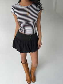 Aloruh Women's Striped Round Neck Cap Sleeve Backless Fitted Casual T-Shirt - Multicolor - View 5