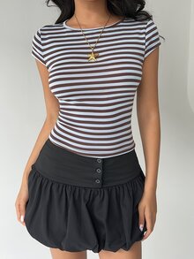 Aloruh Women's Striped Round Neck Cap Sleeve Backless Fitted Casual T-Shirt - Multicolor - View 3