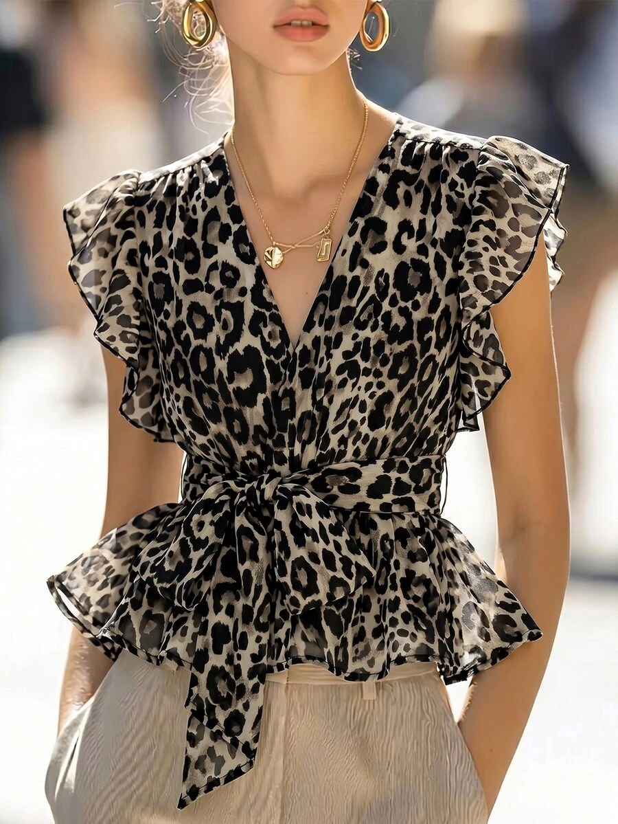 SHEIN Blus Wanita Elegan Motif Leopard Musim Panas Kerah V dengan Sabuk Pinggang dan Hiasan Ruffle