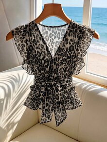 SHEIN Blus Wanita Elegan Motif Leopard Musim Panas Kerah V dengan Sabuk Pinggang dan Hiasan Ruffle - Grey - View 4
