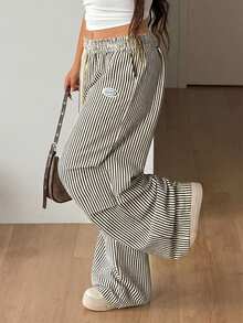Coolane Women's Plus Size Summer Fall Going Out Gym Holiday Casual Streetwear Mid Rise Wide Leg Elastic Waistband Striped Pants Black - Black and White - View 4