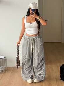 Coolane Women's Plus Size Summer Fall Going Out Gym Holiday Casual Streetwear Mid Rise Wide Leg Elastic Waistband Striped Pants Black - Black and White - View 2