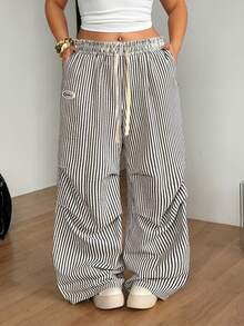Coolane Women's Plus Size Summer Fall Going Out Gym Holiday Casual Streetwear Mid Rise Wide Leg Elastic Waistband Striped Pants Black - Black and White - View 5