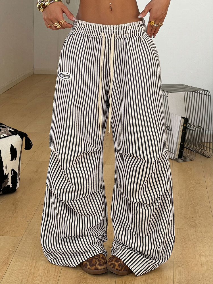 Coolane Women's Plus Size Summer Fall Going Out Gym Holiday Casual Streetwear Mid Rise Wide Leg Elastic Waistband Striped Pants Black - Black and White - View 3