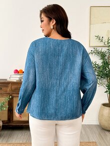 Linhara CURVE Fashionable Casual French Vintage Elegant Commuter Tie-Knot Denim Effect Print Blouse Autumn Office Brunch Blue - Blue - View 2