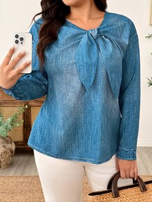 Linhara CURVE Fashionable Casual French Vintage Elegant Commuter Tie-Knot Denim Effect Print Blouse Autumn Office Brunch Blue - Blue - View 8