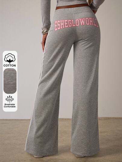 SHEIN BAE Pink And Grey Wide Leg Sweatpants, Summer High Waist Baggy Pants Women, Striped Side Loose Joggers, Streetwear Athletic Casual Y2K Lounge Airport