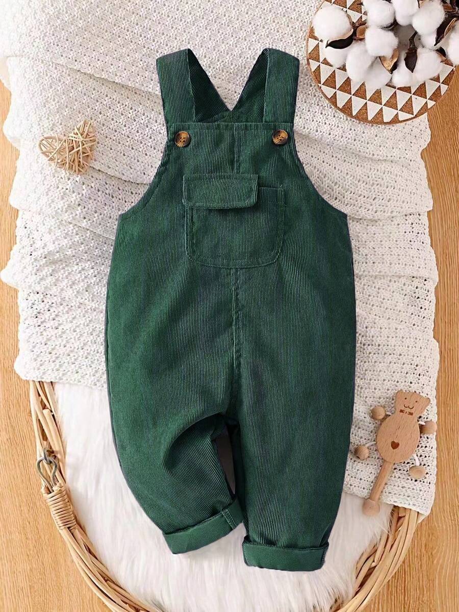 SHEIN Solid Color Cargo Pocket Casual Bib Pants For Baby Boy Autumn Fall - Dark Green - View 1