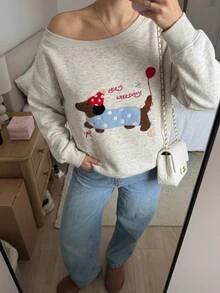 CovetEZ 女款卡通圖案休閒日常穿著長袖運動衫 - 灰色 - 查看 3