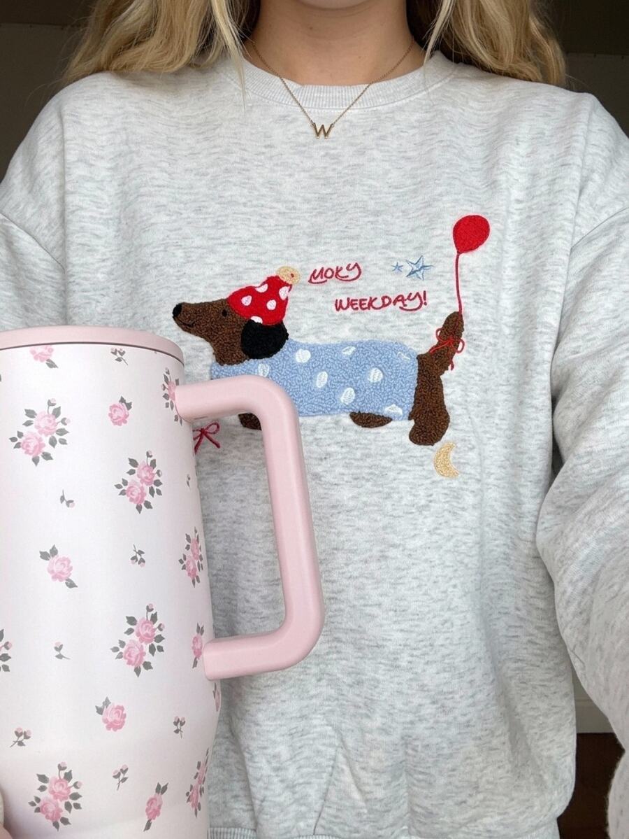 CovetEZ Women's Cartoon Pattern Casual Daily Wear Long Sleeve Sweatshirt Polka-Dot Embroidered Dachshund - Grey - View 1