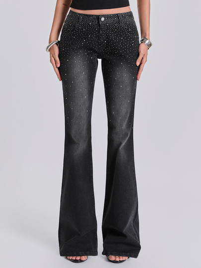Jean slim droit Y2K rock dégradé orné de strass, été automne hiver printemps