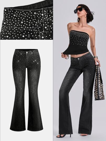 Jean slim droit Y2K rock dégradé orné de strass, été automne hiver printemps