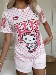 CovetEZ HELLO KITTY AND FRIENDS | SHEIN 休閒極簡圓領短袖寬鬆女款T恤，聯名印花圖案，適合外出、街頭穿搭、機場、時尚、返校、Y2K、派對、海灘度假、假日 - 彩色 - 查看 7