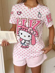 CovetEZ HELLO KITTY AND FRIENDS | SHEIN 休閒極簡圓領短袖寬鬆女款T恤，聯名印花圖案，適合外出、街頭穿搭、機場、時尚、返校、Y2K、派對、海灘度假、假日 - 彩色 - 查看 8