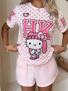 CovetEZ HELLO KITTY AND FRIENDS | SHEIN 休閒極簡圓領短袖寬鬆女款T恤，聯名印花圖案，適合外出、街頭穿搭、機場、時尚、返校、Y2K、派對、海灘度假、假日 - 彩色 - 查看 3