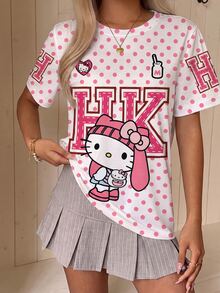 CovetEZ HELLO KITTY AND FRIENDS | SHEIN 休閒極簡圓領短袖寬鬆女款T恤，聯名印花圖案，適合外出、街頭穿搭、機場、時尚、返校、Y2K、派對、海灘度假、假日 - 彩色 - 查看 4