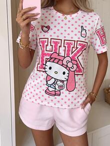 CovetEZ HELLO KITTY AND FRIENDS | SHEIN 休閒極簡圓領短袖寬鬆女款T恤，聯名印花圖案，適合外出、街頭穿搭、機場、時尚、返校、Y2K、派對、海灘度假、假日 - 彩色 - 查看 6