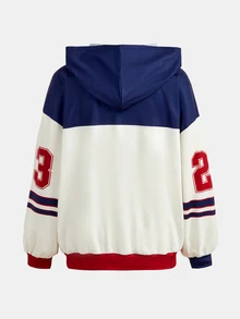 SHEIN 青少年女孩秋冬美式復古學院風拼色字母印花休閒寬鬆連帽衛衣，舒適秋季衛衣 - 彩色 - 查看 2