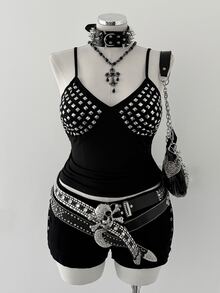 Sunspun Plus Size Summer Fashion Punk Studded Camisole - Black - View 7