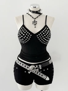 Sunspun Plus Size Summer Fashion Punk Studded Camisole - Black - View 8