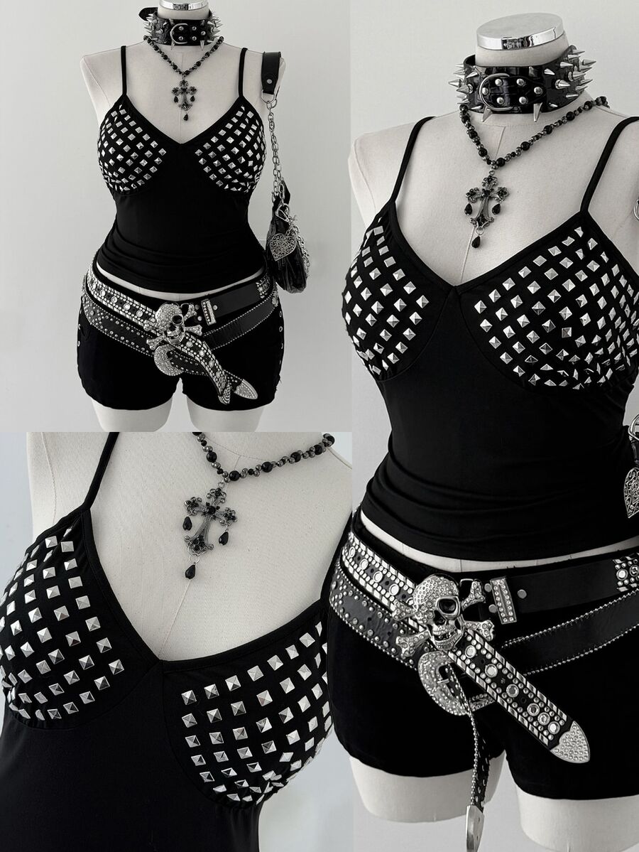 Sunspun Plus Size Summer Fashion Punk Studded Camisole - Black - View 1