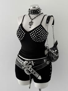 Sunspun Plus Size Summer Fashion Punk Studded Camisole - Black - View 5