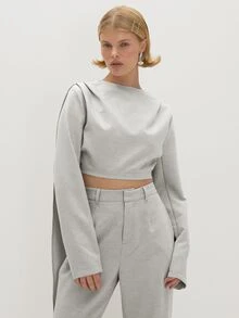 MUSEYN Light Grey Woven Cape Long Sleeve Cropped Tailored Top - Light Grey - View 1