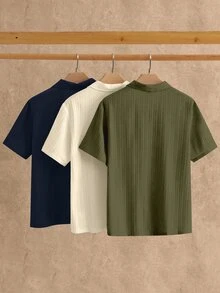 Manfinity RebelGame 3件組男士極簡絲滑短袖 Polo 衫，夏季休閒度假純色上衣，橄欖綠、米色、海軍藍，父親節禮物，足球風 - 灰石墨色 - 查看 2