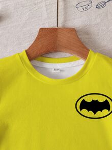 BATMAN X SHEIN 小男孩蝙蝠圖案印花休閒圓領短袖T恤 - 白色 - 查看 3