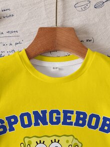 SpongeBob SquarePants | SHEIN تي شيرت كاجوال برقبة دائرية وأكمام قصيرة للأولاد الصغار - أبيض - مشاهدة 3