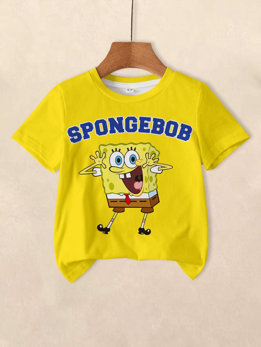 SpongeBob SquarePants | SHEIN تي شيرت كاجوال برقبة دائرية وأكمام قصيرة للأولاد الصغار - أبيض - مشاهدة 1