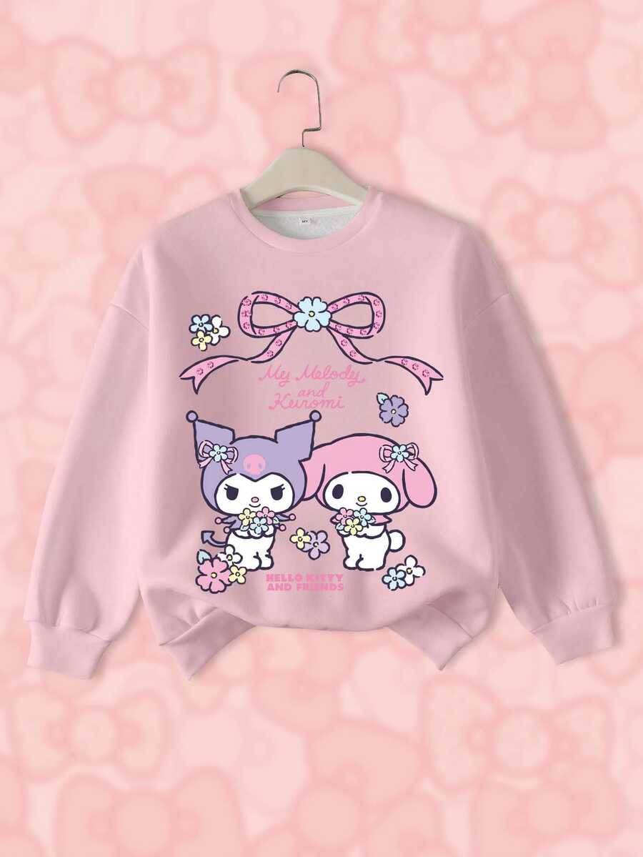 HELLO KITTY AND FRIENDS | SHEIN Tween Girl Letter Cartoon Print Casual Daily Long Sleeve Sweatshirt - White - View 1