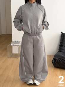 Coolane 女款純色長袖外套與長褲休閒日常運動套裝 - 深灰色 - 查看 2