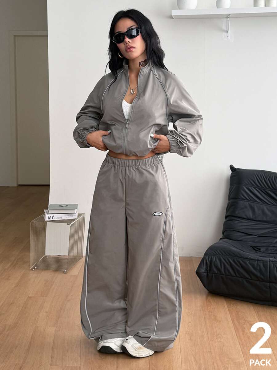 Coolane Women's Solid Color Long Sleeve Jacket And Pants Casual Daily Sports Set - Dark Grey - View 1