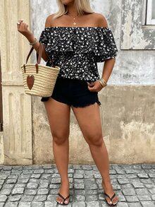 Breezaya Plus Size Women's Floral Ruffle Off-Shoulder Blouse For Vacation - Black - View 4