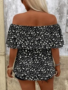 Breezaya Plus Size Women's Floral Ruffle Off-Shoulder Blouse For Vacation - Black - View 2