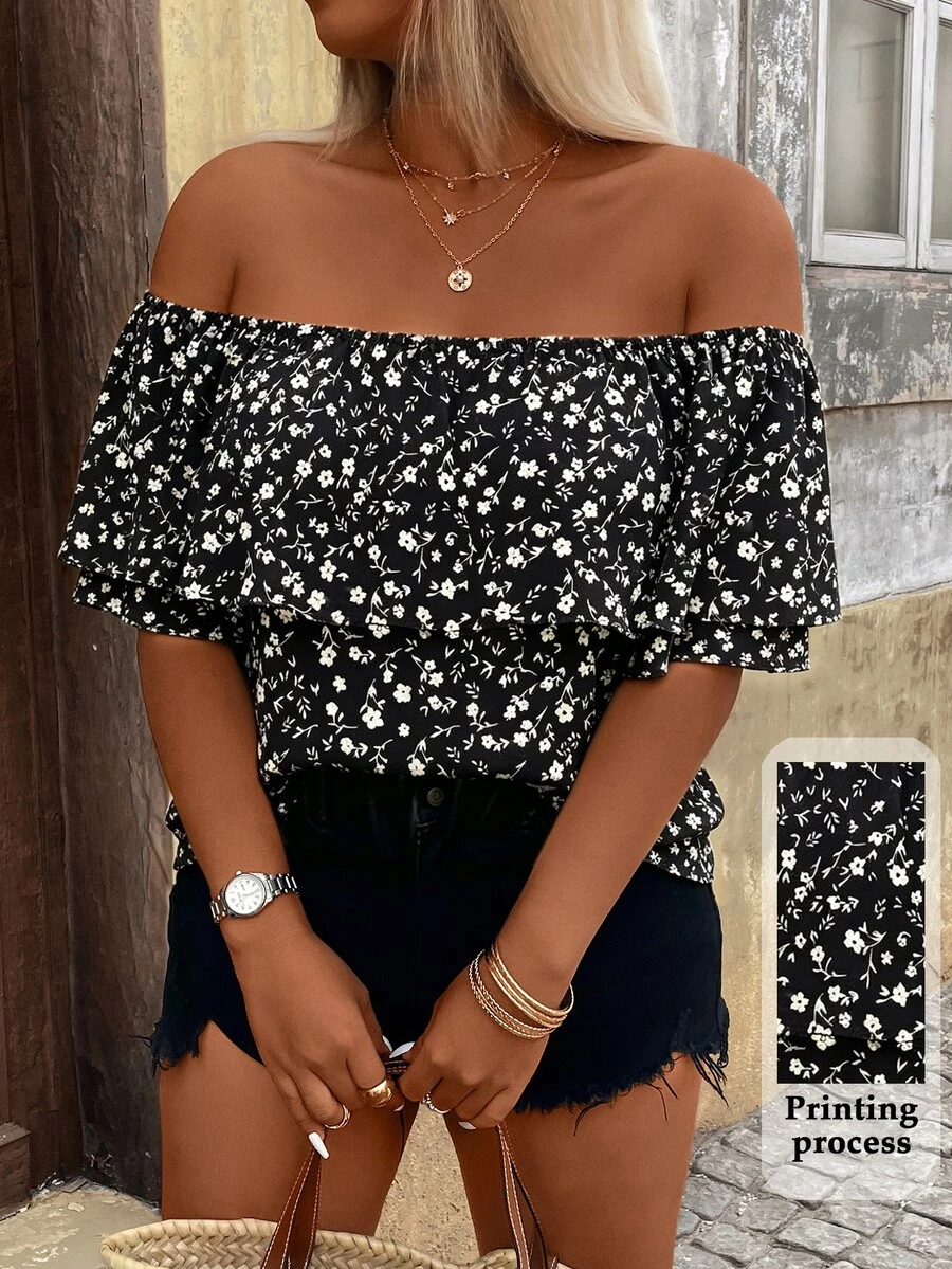 Breezaya Plus Size Women's Floral Ruffle Off-Shoulder Blouse For Vacation - Black - View 1